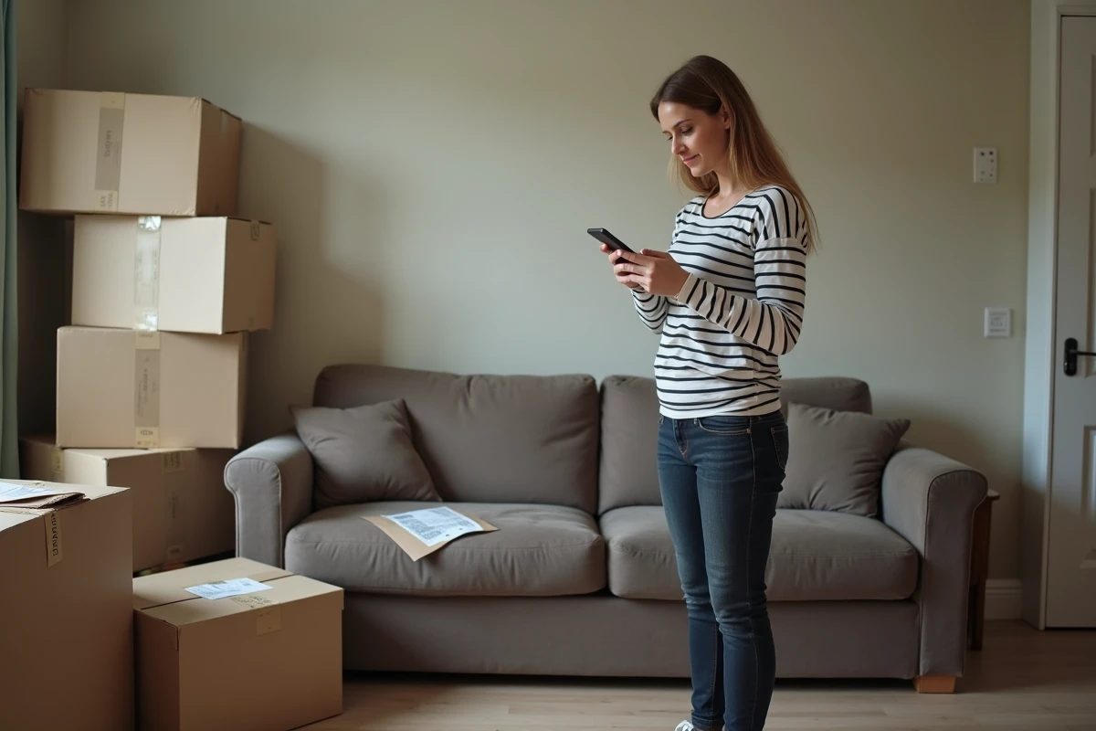Femme consultant son téléphone pour trouver une solution pour enlever un vieux canapé encombrant