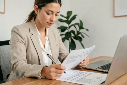 Jeune femme lisant attentivement un contrat de bail avant de signer, aide caution logement 2026