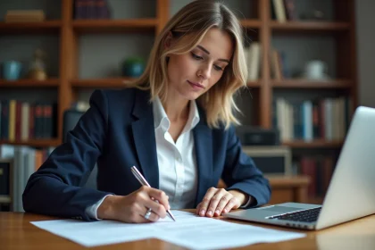 Femme professionnelle signant une déclaration fiscale pour proroger un engagement de location à son bureau à domicile