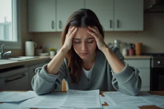 Femme stressée face à des lettres de loyer impayé dans son appartement