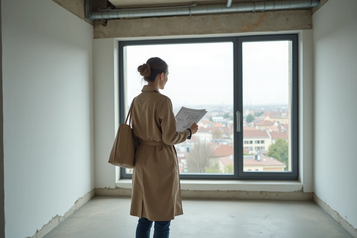 Femme seule visitant un appartement neuf vide en France, tenant un plan de vente dans le cadre d'un achat immobilier éligible au PTZ 2026