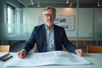 Fonctionnaire de l'urbanisme examinant des plans de rénovation urbaine financés par l'ANRU dans une salle de réunion administrative parisienne