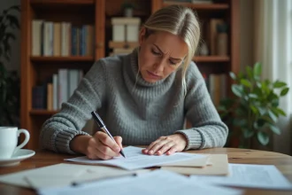 Femme remplissant un formulaire de changement d'adresse à son bureau à domicile