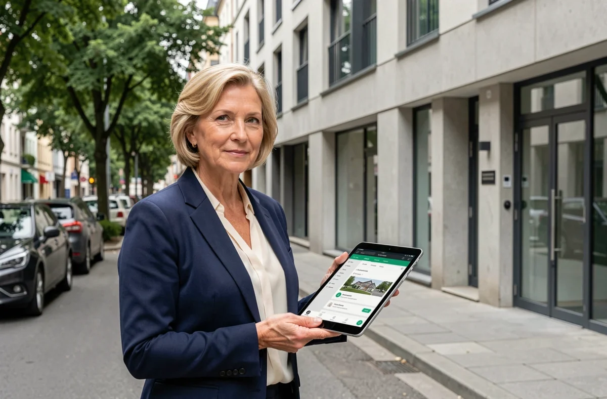 Une femme de soixante ans se tient devant un immeuble résidentiel avec une tablette montrant son portefeuille immobilier de retraite