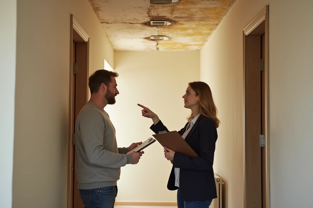 Gestionnaire de copropriété et résident discutant d'une fuite d'eau visible sur le plafond d'un couloir d'immeuble