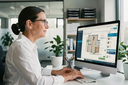 Gestionnaire de copropriété utilisant un portail extranet sur ordinateur de bureau dans un bureau moderne