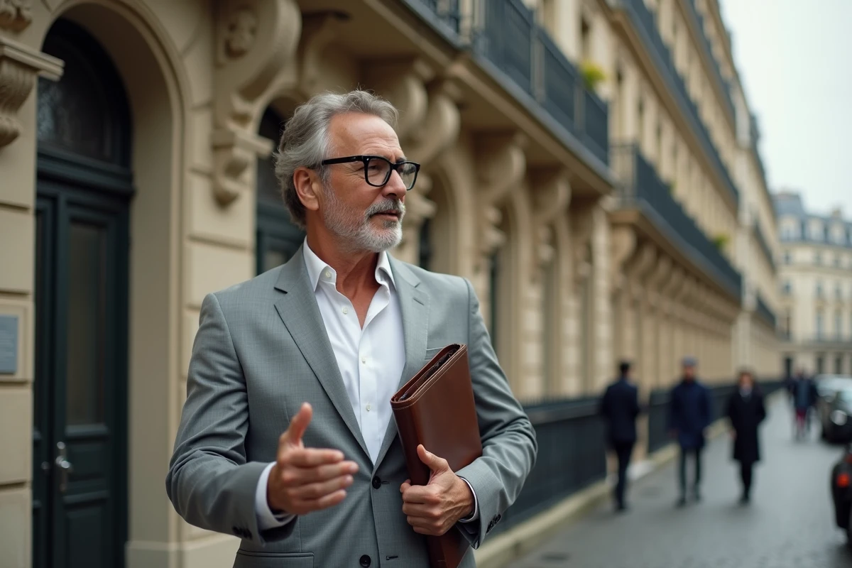 Gestionnaire de patrimoine immobilier devant un immeuble haussmannien parisien tenant un dossier professionnel
