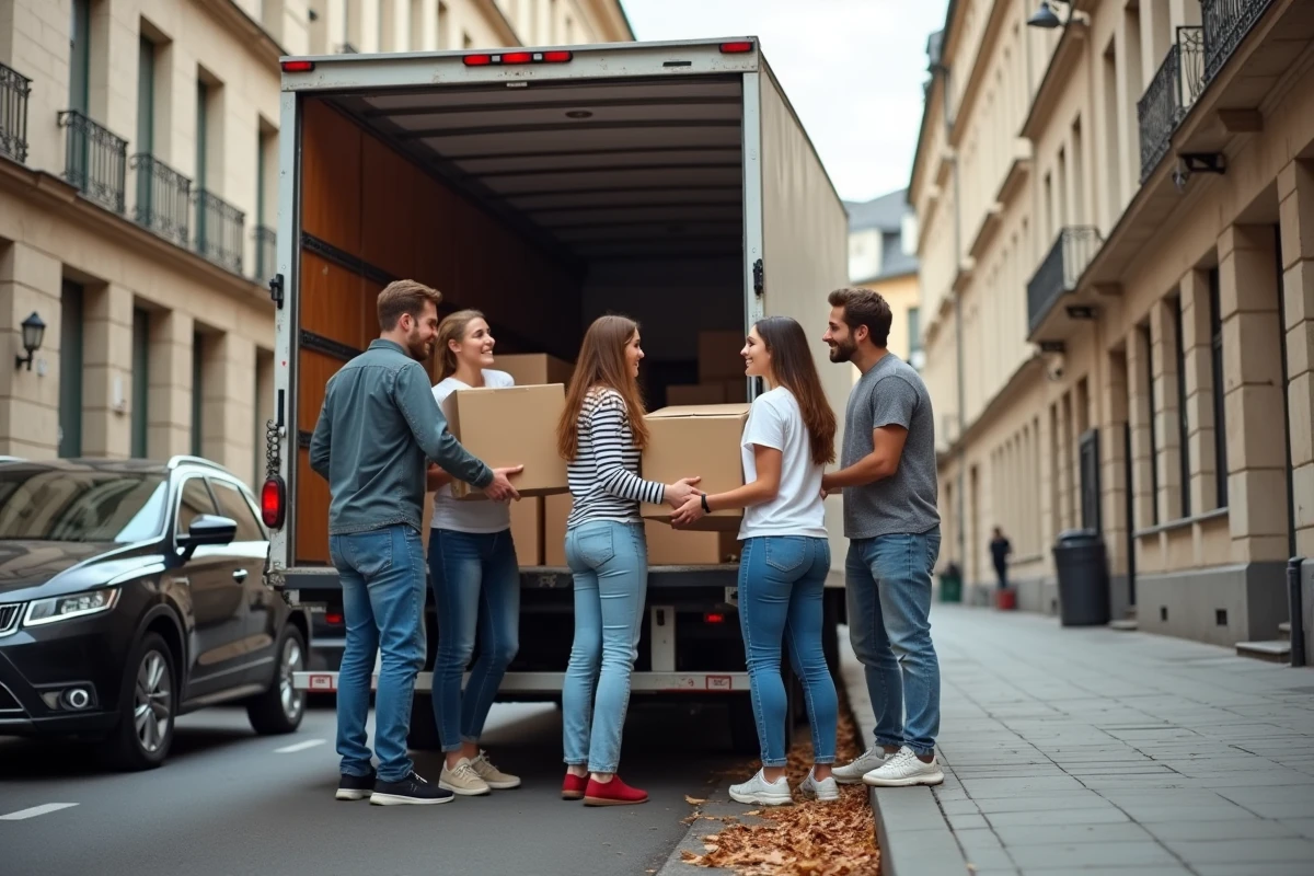 Groupe d'amis organisant le chargement d'un camion de déménagement en ville