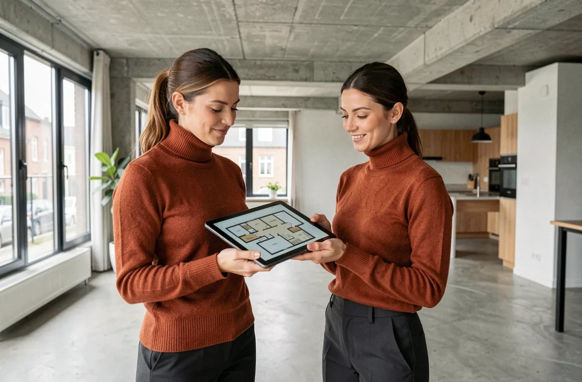 Chasseuse d'appartement Homelike consultant un plan sur tablette dans un appartement moderne aux finitions industrielles à Lille