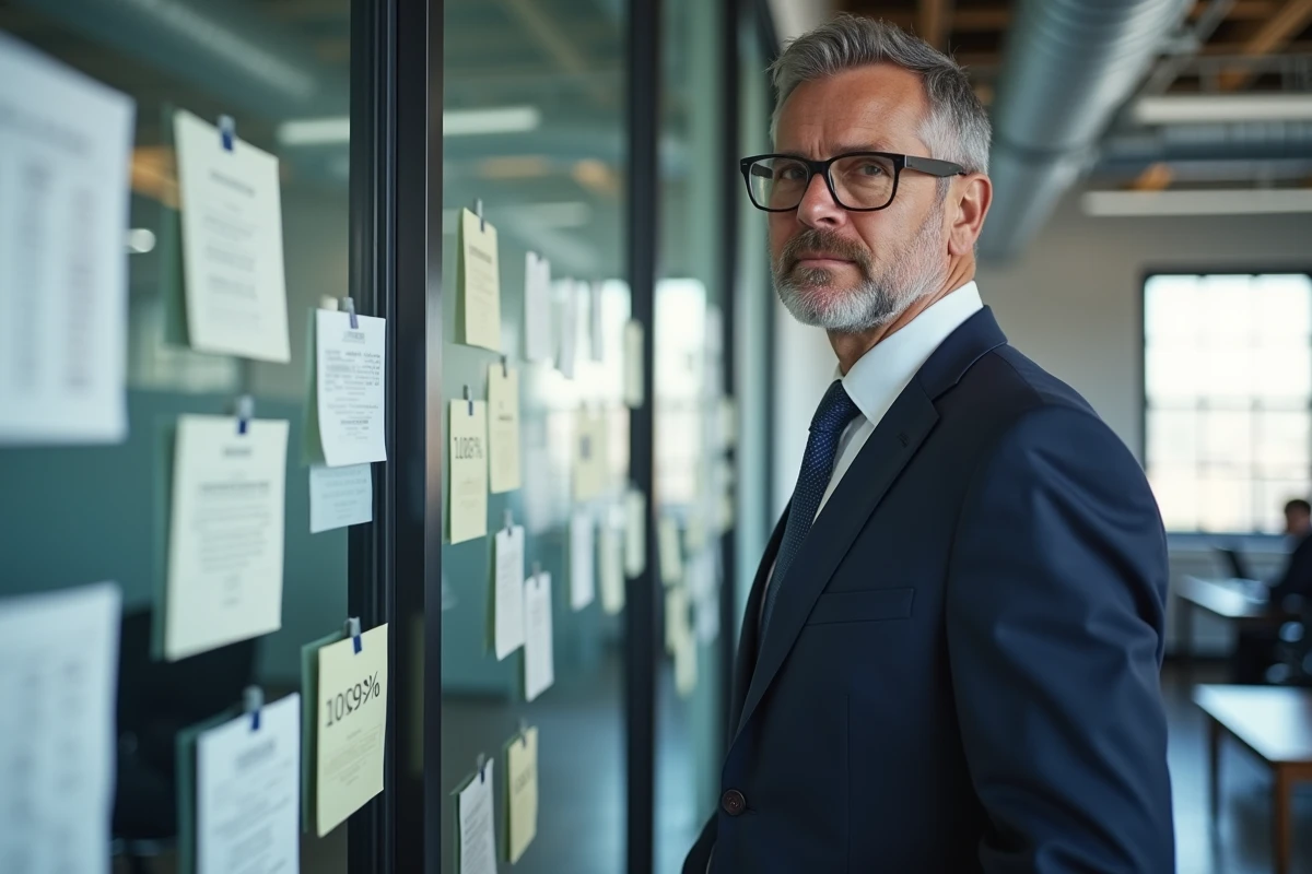 Homme d'affaires analysant des indices de loyers ILAT affichés sur une cloison vitrée dans un espace de coworking