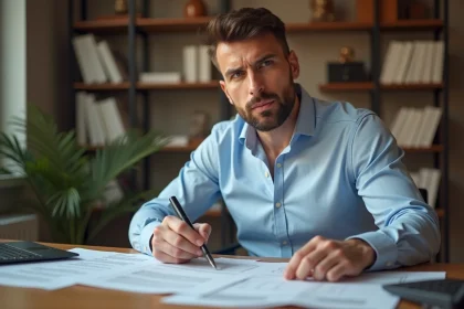 Homme en chemise bleue analysant des documents de prêt immobilier pour éviter les frais intercalaires