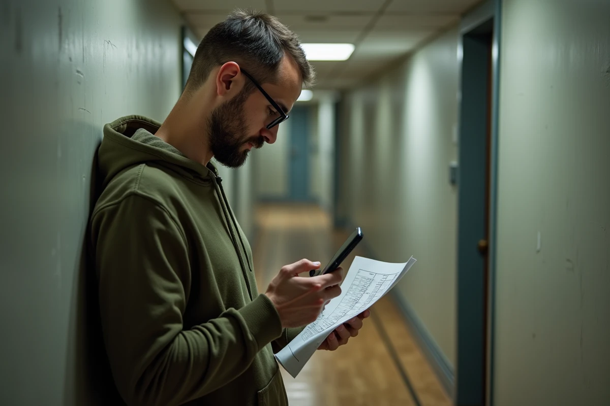 Homme consultant une application de petites annonces de colocation sur smartphone dans le couloir d'un immeuble