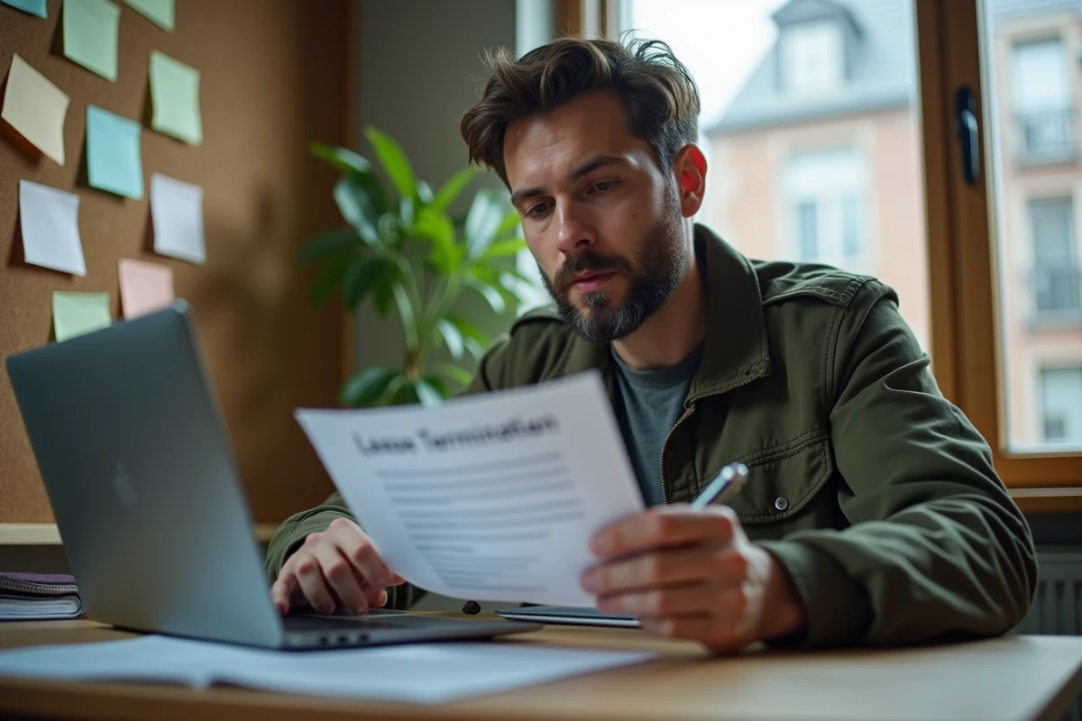 Un homme seul à son bureau lit attentivement une lettre de résiliation de bail cosigné, illustrant les démarches administratives pour quitter un contrat de location partagé