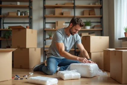 Homme préparant des cartons de déménagement dans un appartement, illustrant le coût d'un déménagement