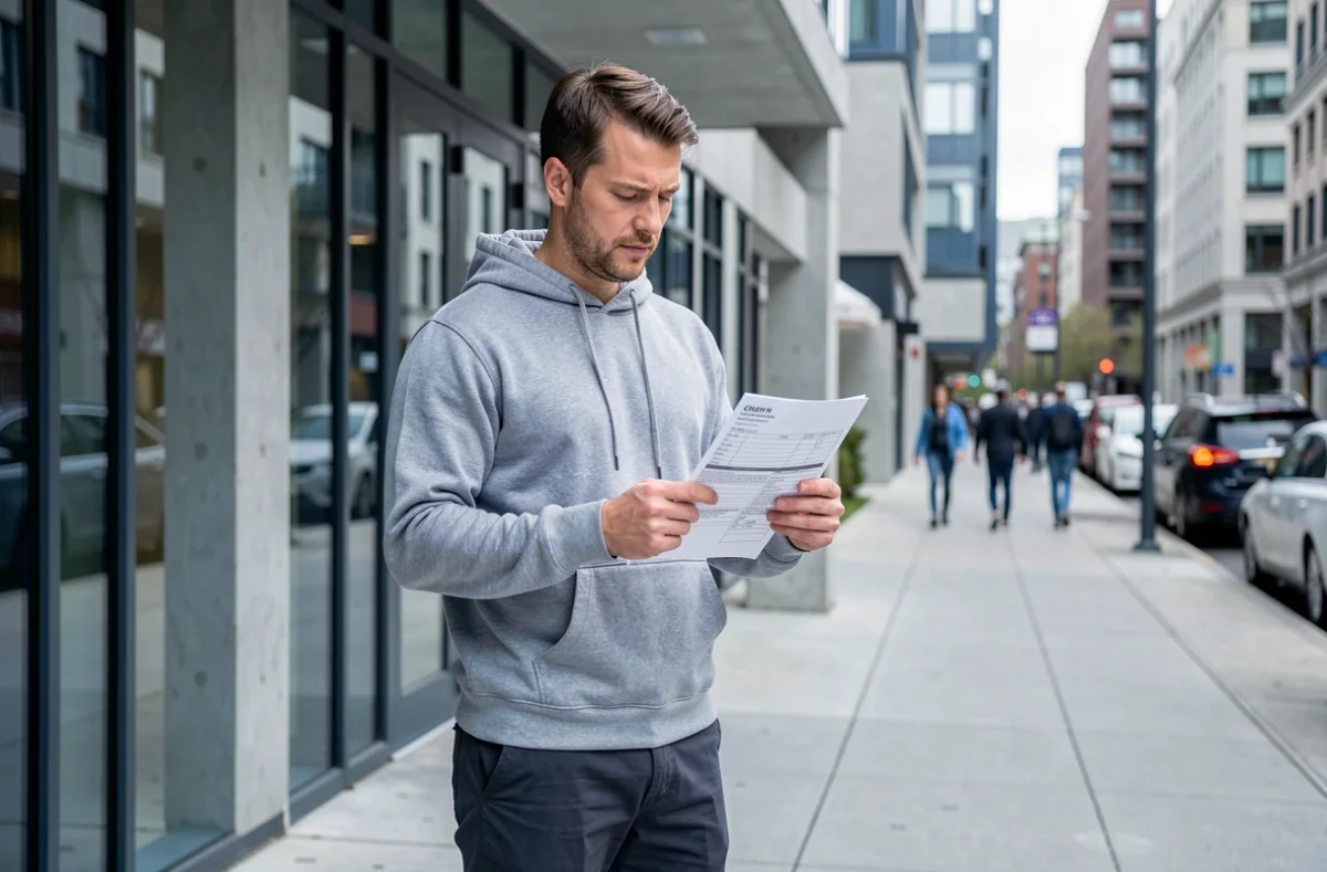 Jeune homme tenant un dossier de location devant un immeuble d'appartements, illustrant les défis de la location sans revenus salariés classiques