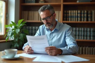 Homme en chemise bleue examinant attentivement un contrat de bail à son bureau à domicile