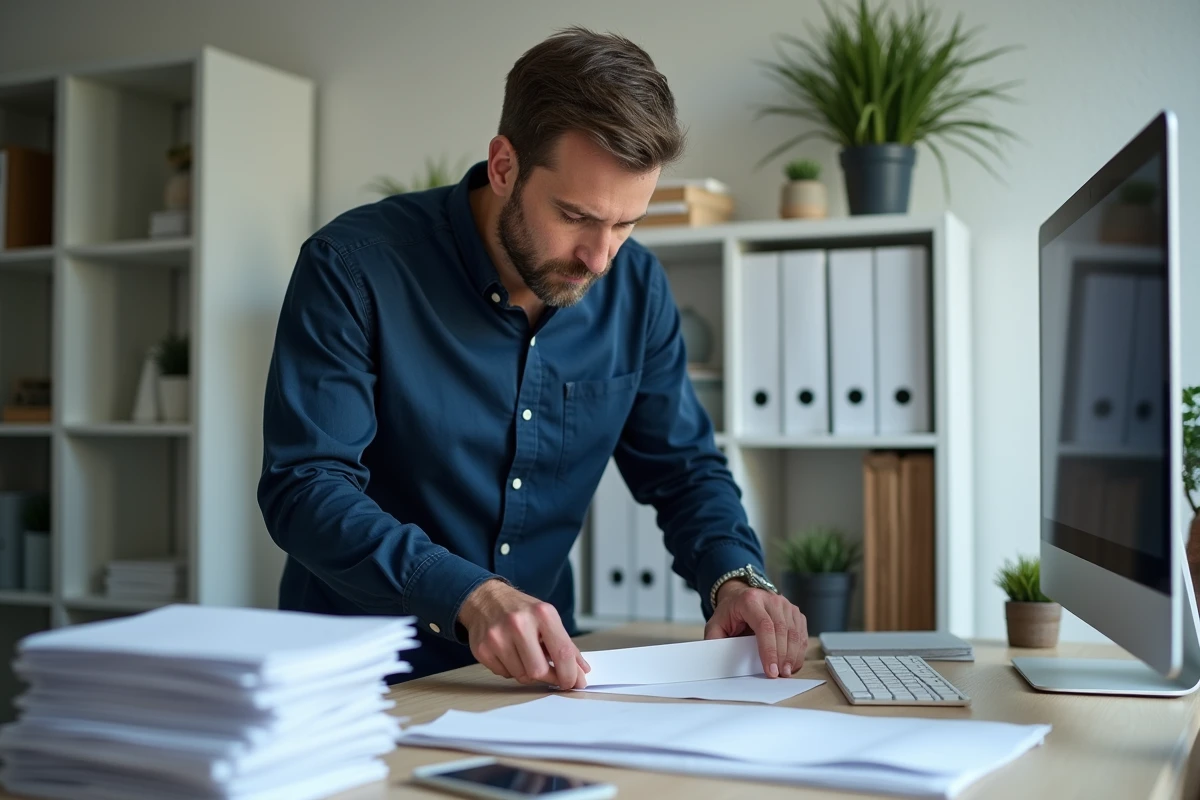 Homme organisant des justificatifs de domicile administratifs sur son bureau à domicile