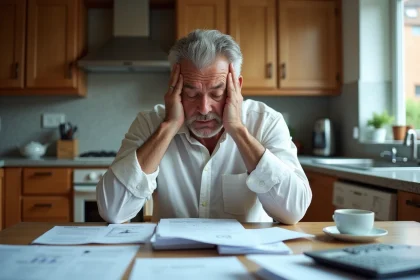 Homme stressé face aux documents d'hypothèque et aux contraintes financières à domicile