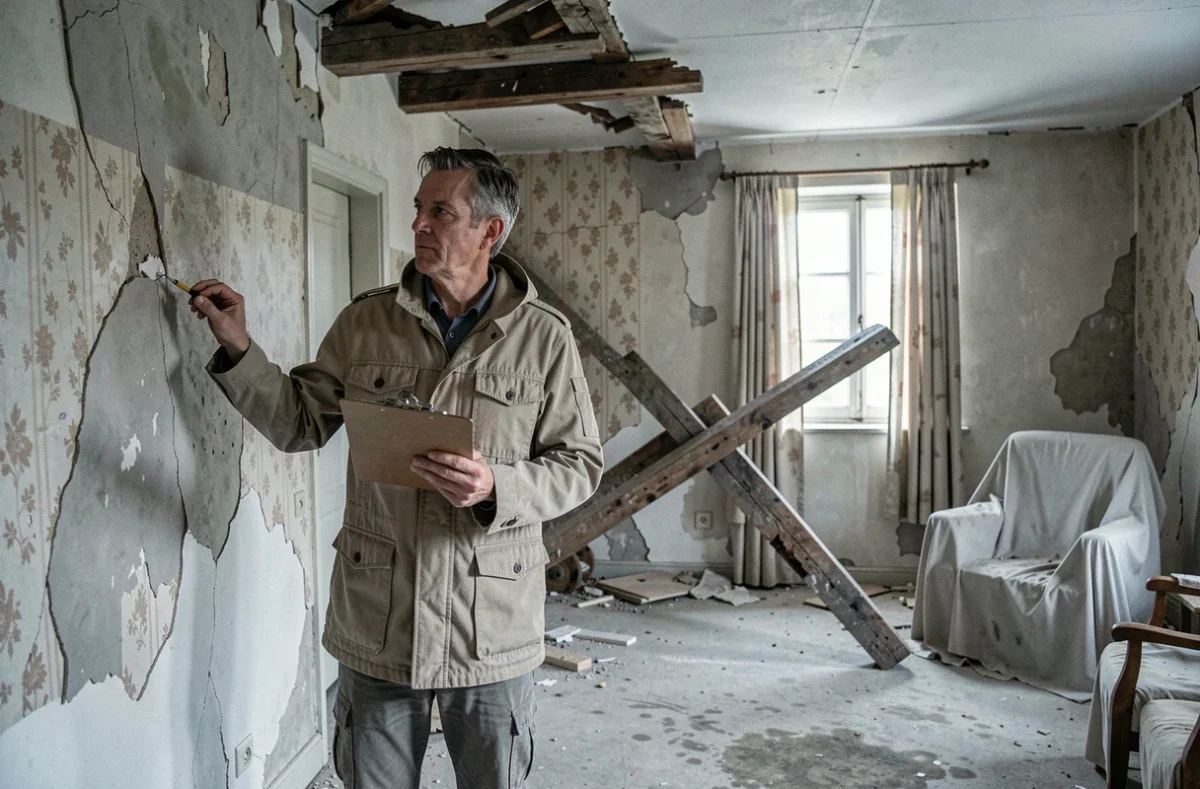 Expert immobilier inspectant l'état intérieur dégradé d'une maison abandonnée en France