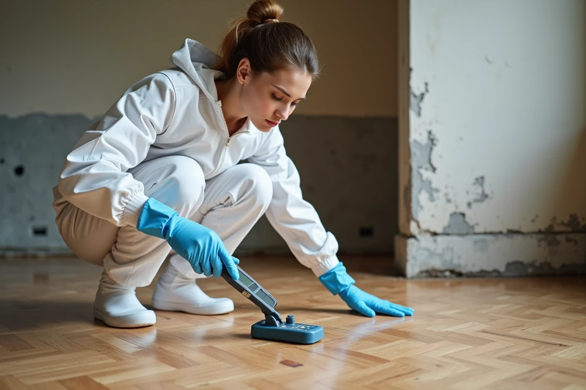 Spécialiste inspectant un parquet gondolé et humide après un dégât des eaux dans un salon