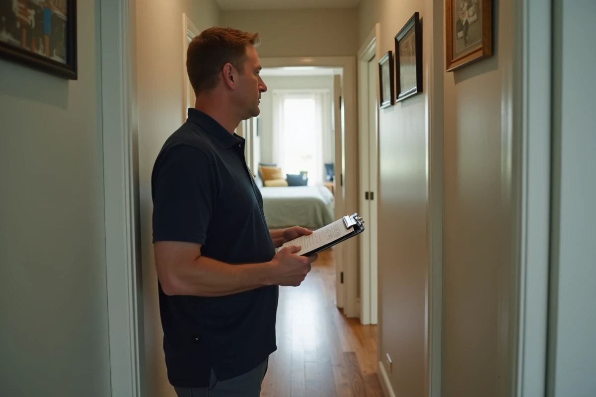 Homme inspectant les pièces d'une maison avec un presse-papiers pour déclarer les pièces à l'assurance
