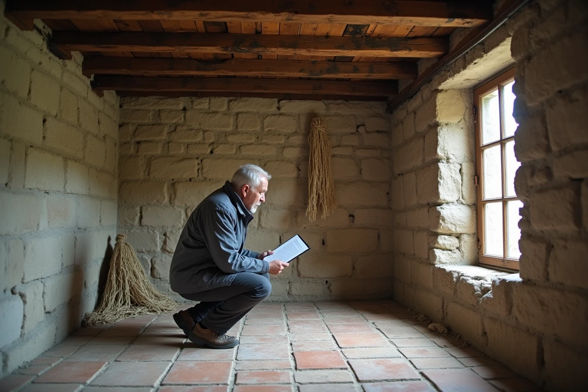 Expert en bâtiment inspectant les fissures d'un mur intérieur en pierre d'une maison de pêcheur bretonne à rénover