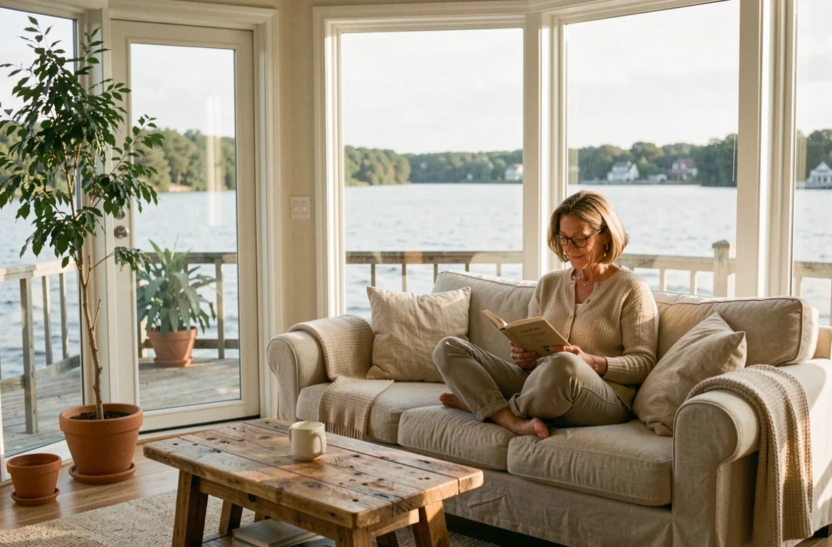 Intérieur cosy d'une maison au bord du lac avec vue panoramique sur l'eau depuis le salon