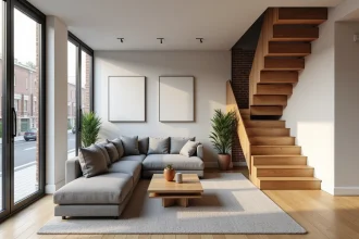 Séjour spacieux d'un appartement T4 duplex moderne avec escalier en bois et vue sur deux niveaux