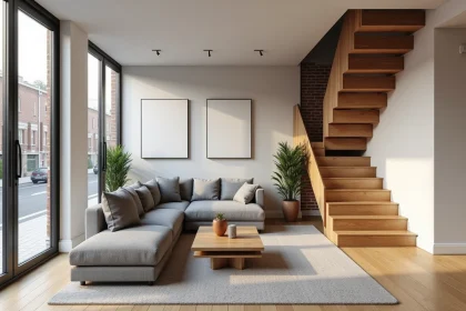 Séjour spacieux d'un appartement T4 duplex moderne avec escalier en bois et vue sur deux niveaux
