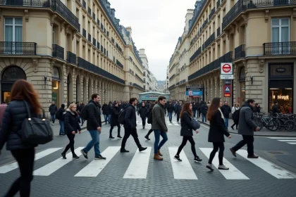 Intersection animée dans un espace urbain européen avec piétons, immeubles haussmanniens et infrastructure de ville dense