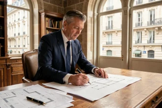 Homme d'affaires examinant des plans de rénovation d'un immeuble ancien dans un bureau à l'architecture haussmannienne, illustrant l'investissement en loi Malraux