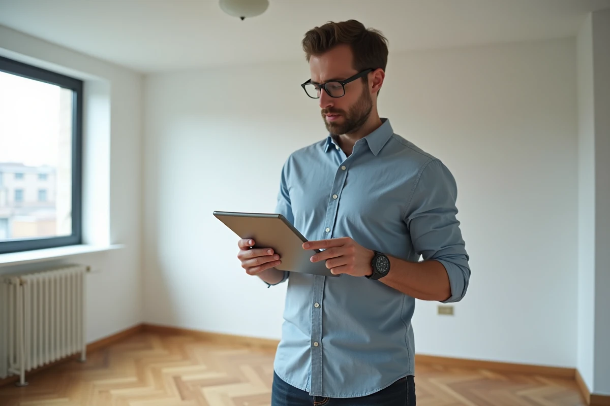Investisseur immobilier comparant les offres d'assurance PNO sur tablette dans un appartement vide