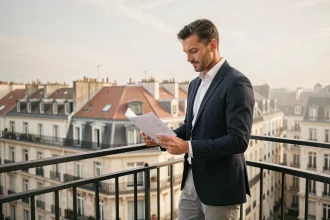 Investisseur immobilier consultant des documents sur un balcon avec vue sur les toits d'une ville française, marché locatif saisonnier