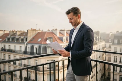 Investisseur immobilier consultant des documents sur un balcon avec vue sur les toits d'une ville française, marché locatif saisonnier