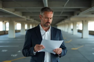 Investisseur immobilier analysant le rendement d'un parking souterrain en béton avec documents financiers