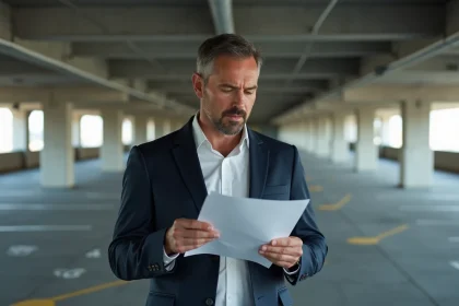 Investisseur immobilier analysant le rendement d'un parking souterrain en béton avec documents financiers