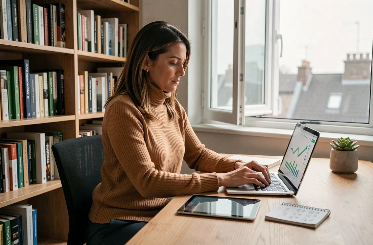Femme investisseuse analysant des données de rendement locatif saisonnier sur ordinateur portable dans un bureau à domicile urbain