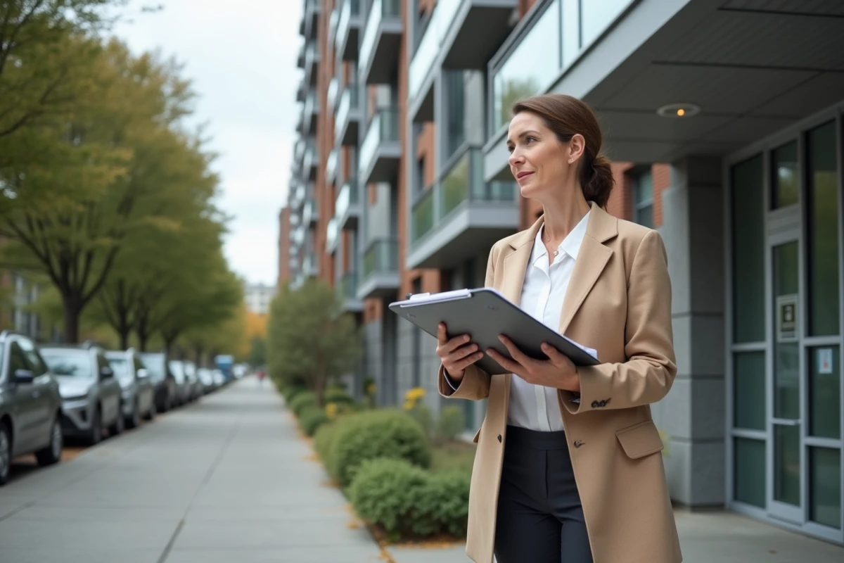 Femme investisseuse immobilière devant un immeuble locatif en ville