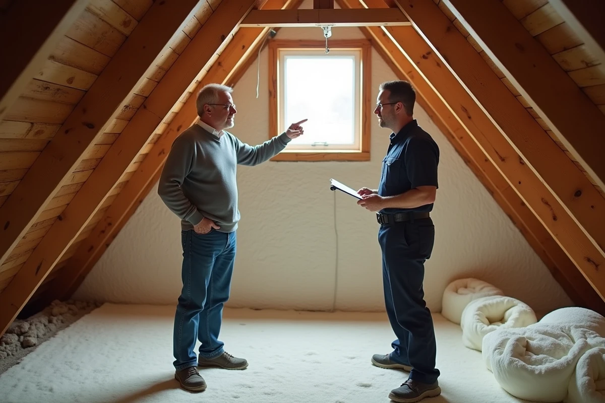 Propriétaire et auditeur énergétique discutant de travaux d'isolation dans un grenier rénové avec laine minérale et chevrons en bois