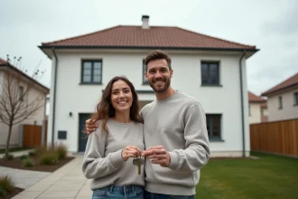 Jeune couple tenant des clés devant leur première maison neuve en banlieue française, illustrant l'accession à la propriété avec le PTZ en 2026
