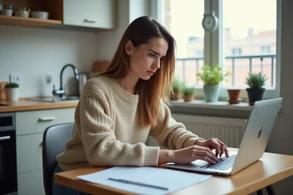 Jeune femme locataire calculant son aide personnalisée au logement APL sur un loyer de 500 euros dans un petit appartement