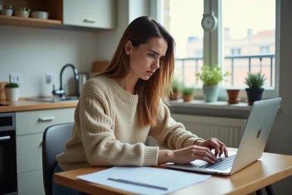 Jeune femme locataire calculant son aide personnalisée au logement APL sur un loyer de 500 euros dans un petit appartement