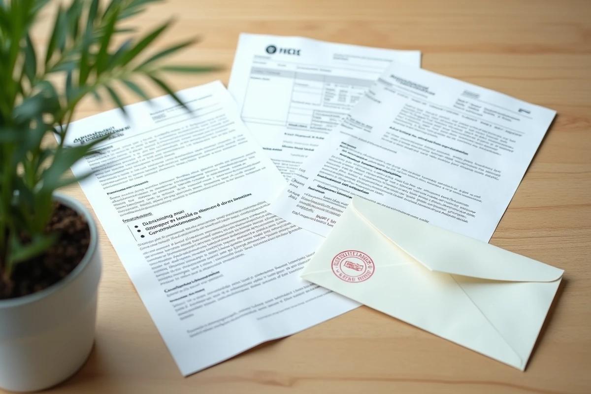 Vue aérienne de plusieurs justificatifs de domicile officiels posés sur une table en bois