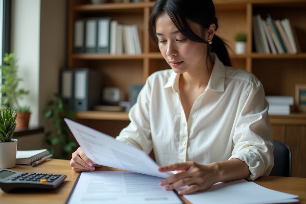 Une femme lit attentivement les conditions de remboursement anticipé d'un contrat de prêt immobilier à son bureau à domicile