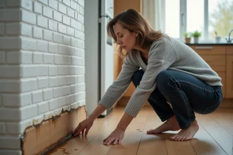 Locataire inspectant des dégâts des eaux sur une plinthe gonflée dans une cuisine d'appartement moderne