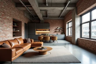 Intérieur d'un loft moderne avec murs en briques apparentes, béton brut et espace ouvert industriel