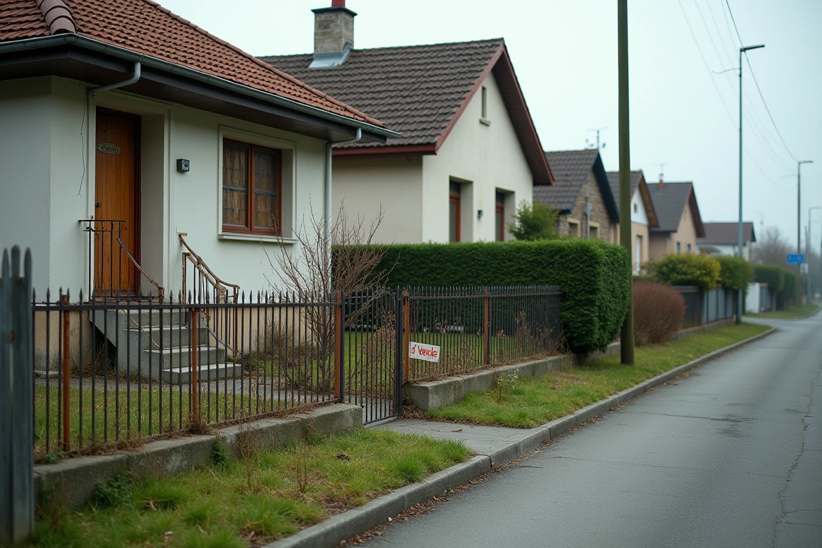 Maison délabrée avec panneau À Vendre dans une rue résidentielle contrastant avec des maisons bien entretenues