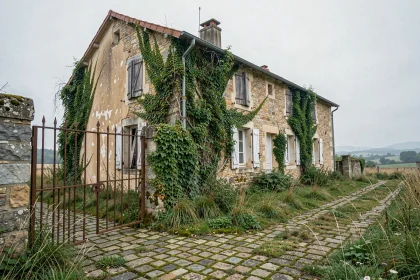 Maison abandonnée en pierre en France avec volets brisés et jardin envahi par la végétation