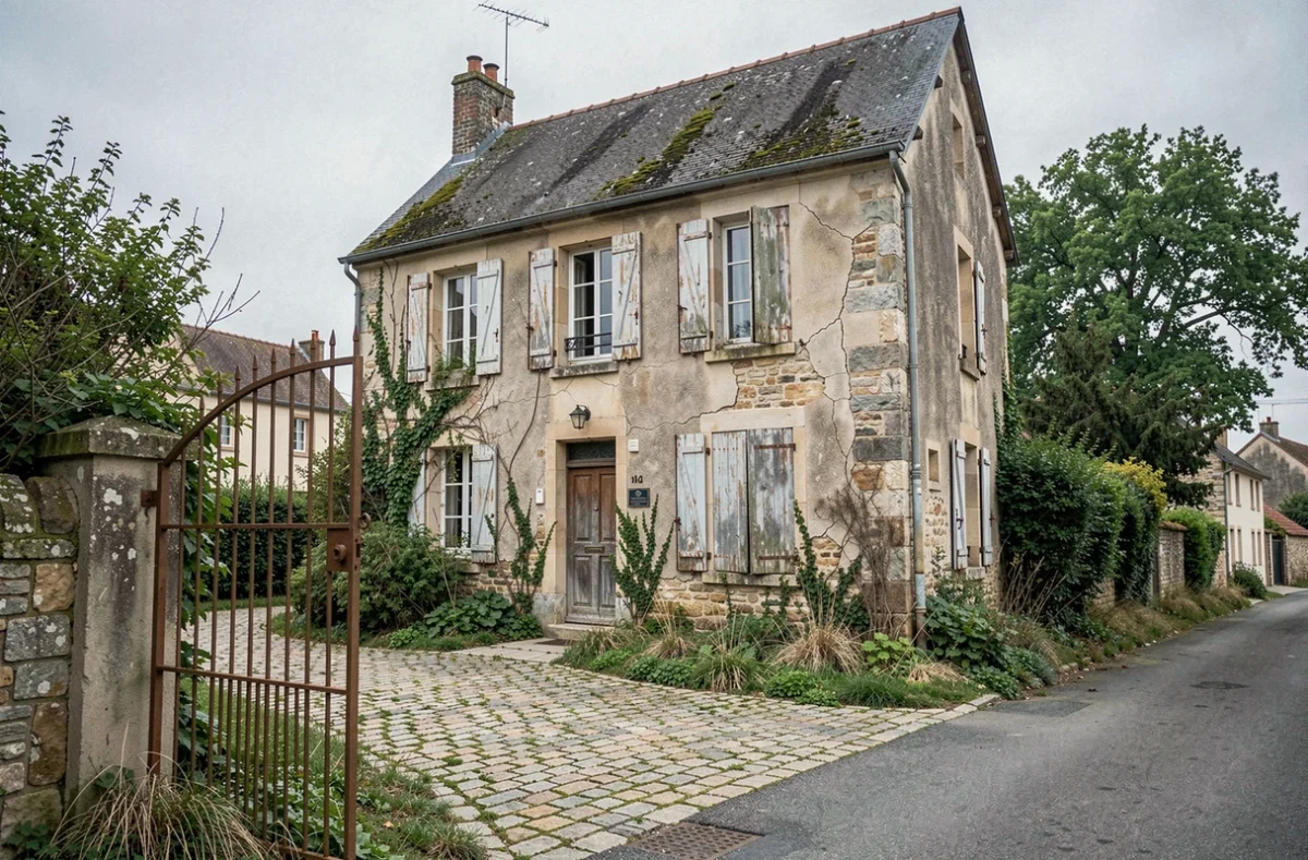 Maison abandonnée en pierre avec végétation envahissante et volets en bois dégradés dans un village rural français