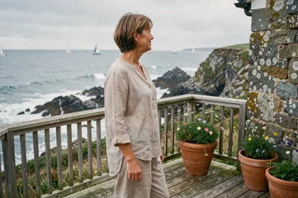 Femme contemplant la mer depuis la terrasse en bois d'une maison de bord de mer avec vue sur la côte rocheuse
